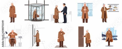 Flat Vector Illustration Set of a Senior Businesswoman in Various Daily Professional Situations