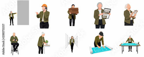 Professional senior female architect and interior designer character set for home renovation and construction projects