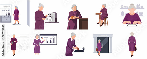 Senior Businesswoman Character Set in Various Office Scenarios, Flat Vector Illustration