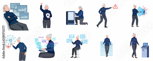 Senior Woman IT Expert and Cybersecurity Professional Character Set in Flat Vector Style