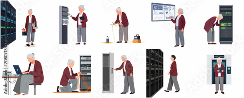 Senior female IT engineer working in data center server room, technician performing maintenance and monitoring tasks vector illustrations