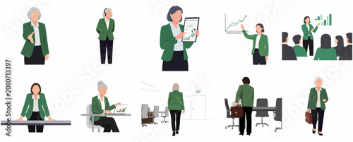 Set of professional businesswomen in green blazers performing various corporate activities like presenting, analyzing data, and leading meetings in a modern office flat vector illustration.