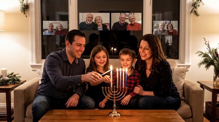 family holiday traditions, a joyful jewish family gathers with grandparents to light hanukkah candles