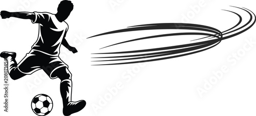 Quadro su tela Silhouette of a soccer player kicking a ball with a dynamic motion trail footbal