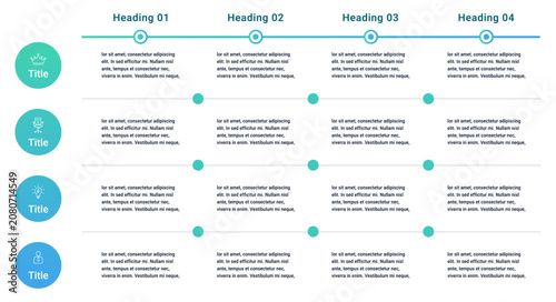 Business Timeline Presentation Layout with Circular Icons, Table Structure and Process Flow Design