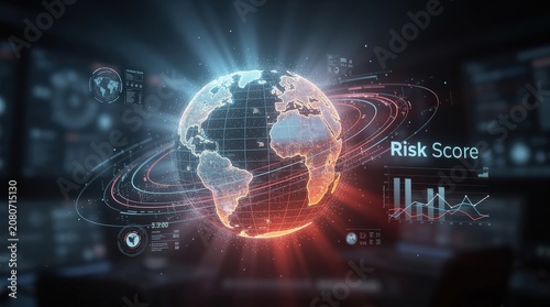 A digital globe with data overlays and graphs highlights global risk score analysis in a futuristic, high-tech environment.