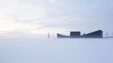modern landscape design, a serene snowy landscape features sleek architectural silhouettes under soft winter light