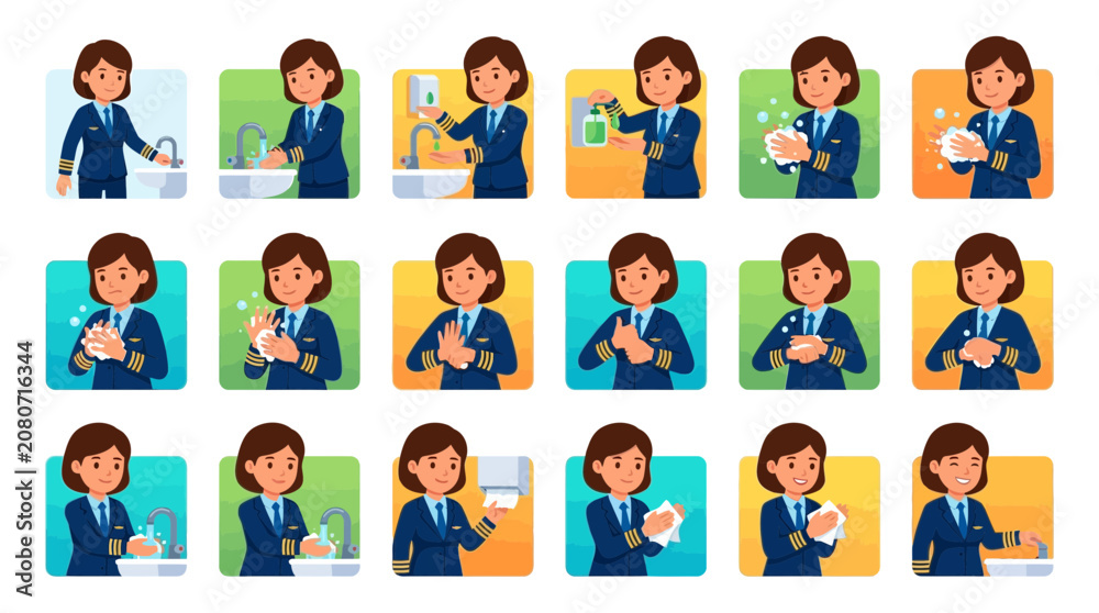 Fototapeta premium Flight Attendant Demonstrates Hand Washing Steps for Hygiene and Safety