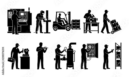 Industrial Worker Silhouette Set Featuring Factory Operators and Warehouse Employees in Various Professional Job Tasks