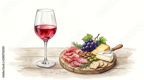 Watercolor illustration of red wine glass and gourmet charcuterie board with assorted cheese salami grapes and crackers on a rustic wooden tabletop