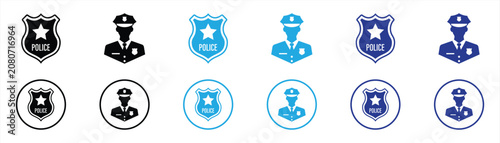 Police Badge and Officer Icon Set Collection. with Law Enforcement Shield, Security Officer, Protection, Public Safety, Authority, Justice, Flat Glyph Vector Isolated on White Background