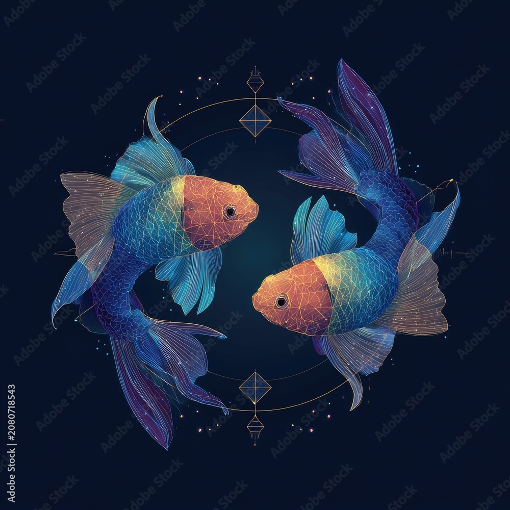 Fototapeta premium Two stylized fish in an artistic illustration, with detailed fins and colors, forming a circle
