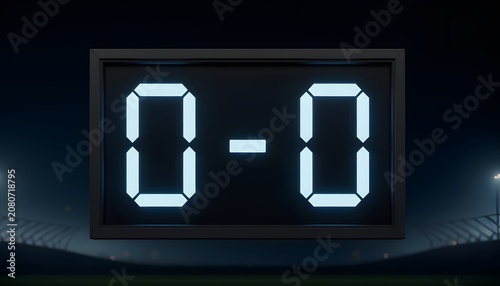 stadium scoreboard displaying a simple 0 - 0 layout with clean LED numbers representing match kickoff, scoreless draw, athletic competition start,