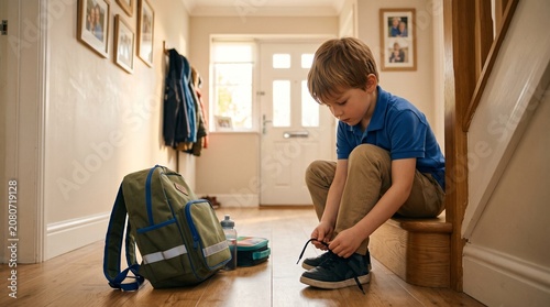 A young schoolboy ties his shoelaces before leaving for school on a bright autumn morning. This everyday family routine reflects independence, preparation, and confidence for a successful school day.