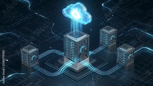 An isometric 3d server network visualization with fiber optic links to cloud hub for efficient cloud migration from legacy systems
