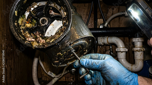 Plumber in blue nitrile gloves repairing a jammed kitchen garbage disposal unit filled with food waste and broken ceramic under a dark sink using an allen wrench and flashlight for home maintenance