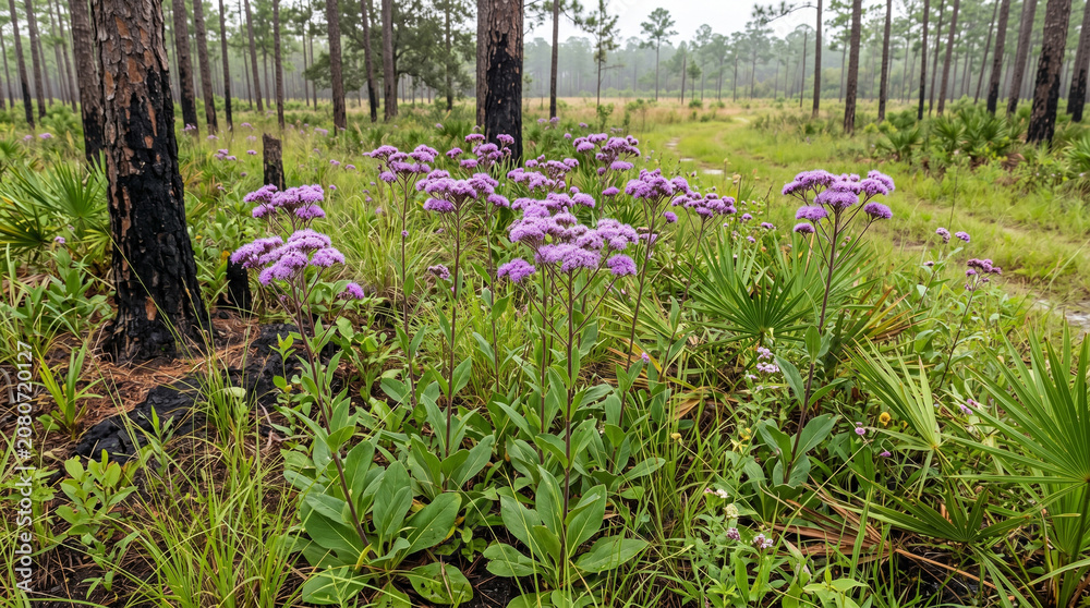 Fototapeta premium Purple wildflowers blooming in a forest clearing with green grass and charred tree trunks visible