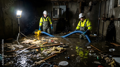 Professional disaster restoration crew pumping out dirty water from a flooded basement after a storm, technicians in high-visibility gear using heavy-duty equipment for emergency water removal.