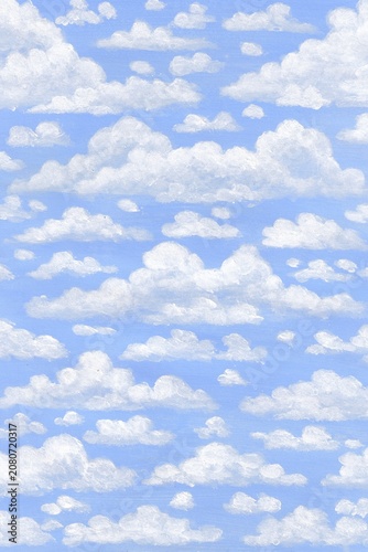 acrylic painting of small white clouds on a blue background with repeating minimalist motif pattern. Suitable for textile designs or sky-themed decor.