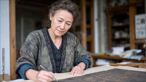 A middle-aged Asian woman with short, curly hair is painting on a large piece of paper in a well-lit studio filled with art supplies.