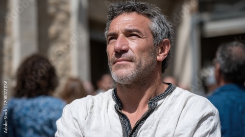 Middle-aged Caucasian man with gray hair, wearing a white shirt, looking thoughtfully into the distance. A crowd is blurred in the background.