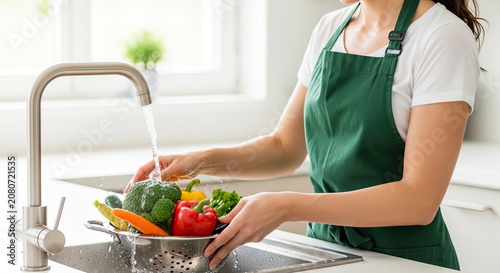 Woman rinsing vegetables in sink