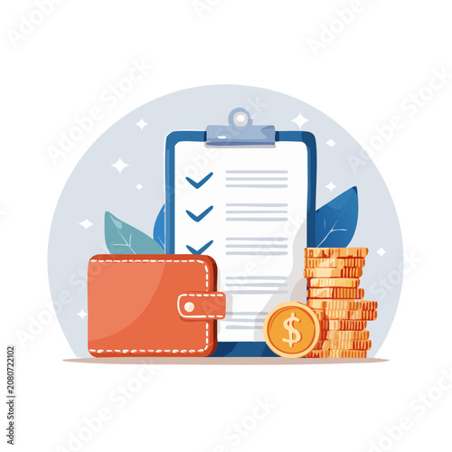 Finance concept with clipboard, wallet, and coins