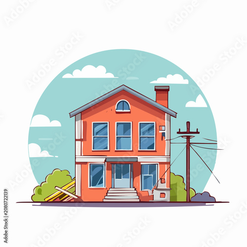 Flat design illustration of a suburban house with a telephone pole