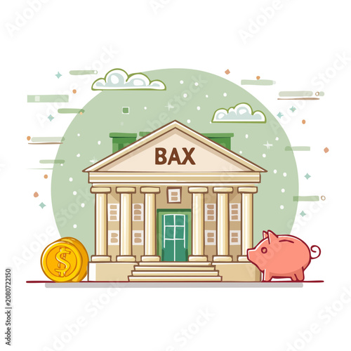 Flat illustration of a bank building with piggy bank and coin