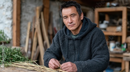 Middle-aged Asian man with dark hair, wearing a gray hoodie, working with straw in a rustic workshop. Tools and wooden shelves are visible in the background.