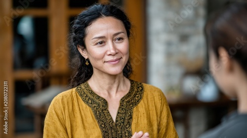 A middle-aged Asian woman with long black hair smiles warmly while engaging in conversation. She wears a yellow traditional dress with intricate patterns.