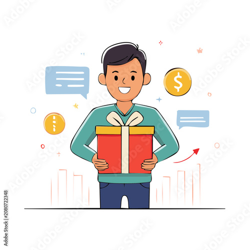 Man holding gift box with money and speech bubbles