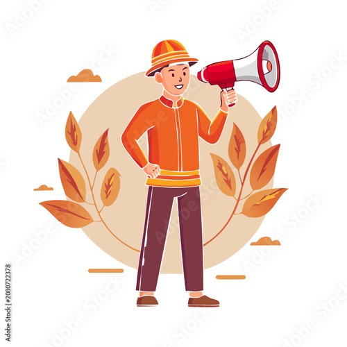 Man with megaphone in autumn leaf frame vector illustration