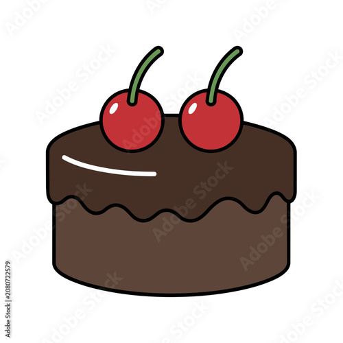 Chocolate cake with cherries flat vector illustration