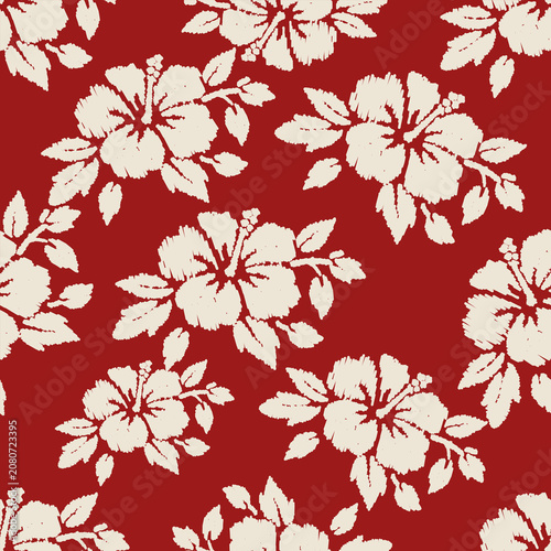 Hibiscus seamless tropical floral pattern with botanical leaves, Hawaiian flower textile background, vintage island fabric print, exotic summer wallpaper vector design.