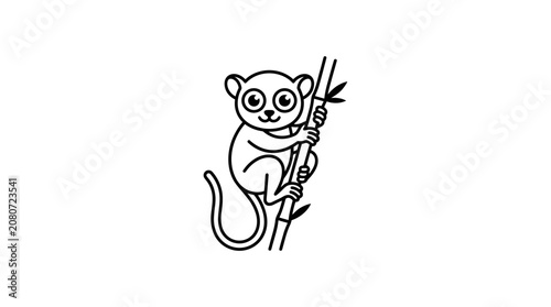 Cute lemur on bamboo branch simple line drawing illustration
