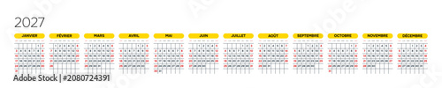 Fotografie French 2027 Horizontal Linear Grid Bold Typography Annual Calendar Minimalist Swiss Schedule Page (Compatible with 2038 and 2049)