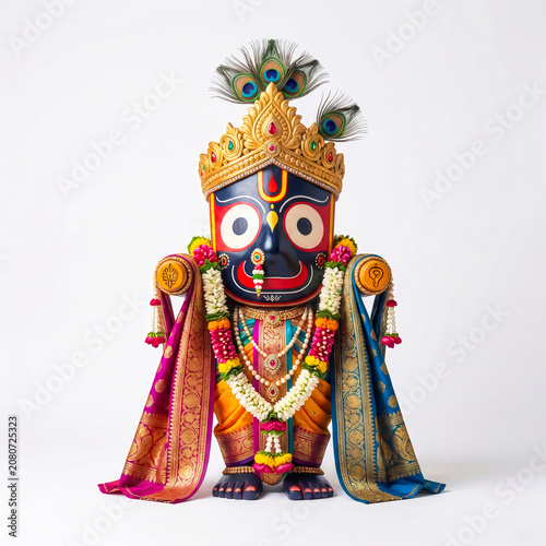 Lord Jagannath Idol: A beautifully adorned idol of Lord Jagannath, a deity revered in Hinduism, stands with peacock feathers crowning its head and elaborate garlands adorning its form.