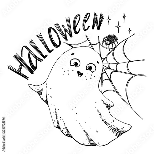 A hand drawn, black and white ink illustration for Halloween featuring a ghost and lettering, created in a simple, childlike style. Grunge doodles suitable for holiday cards and posters.