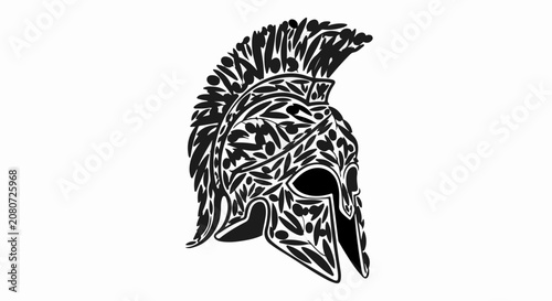 Intricate warrior helmet design with feathered crest, symbolizing strength and ancient power.