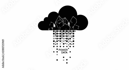 Abstract cloud symbol raining digital data and cubes, representing technology and information flow