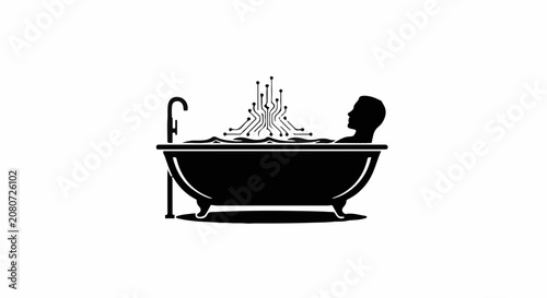 Silhouette of person relaxing in bathtub with digital circuits emerging from water.