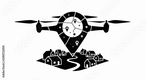 Drone navigation system guiding aerial delivery over a small village.