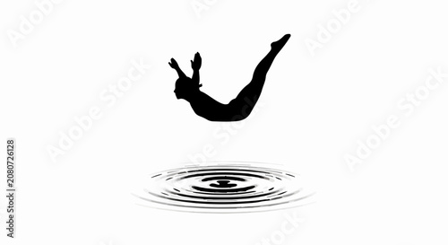 Dynamic silhouette of a diver mid-air, preparing to enter the water with ripples forming below.