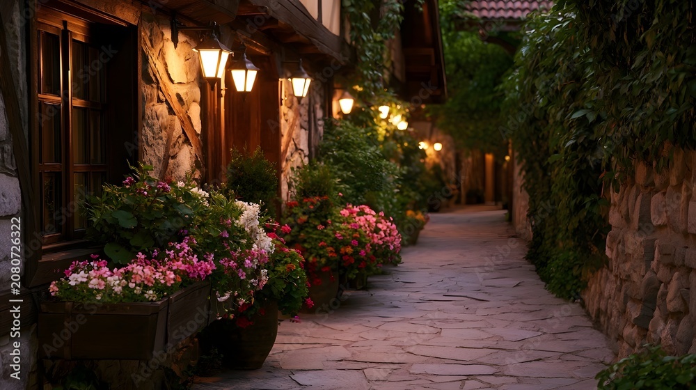 Obraz premium A picturesque European alleyway featuring potted flowers lush ivy covered walls and warm lanterns creating a charming atmosphere