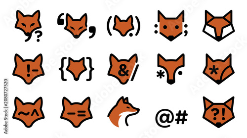 Fotografi Icon set featuring various emotive fox faces and symbols on Sunday