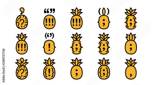Billede på lærred A vibrant set of emotive pineapple icons expressing various emotions on a Sunday