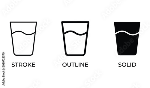 Minimalist black and white icon set of three glass styles: stroke, outline, and solid, vector illustration