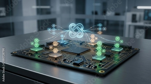 Futuristic circuit board with glowing connections and icons representing digital technology and innovation