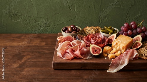 Elegant charcuterie board with assorted meats and aged cheese featuring fresh figs and olives served on rustic wooden platter against textured green wall background.